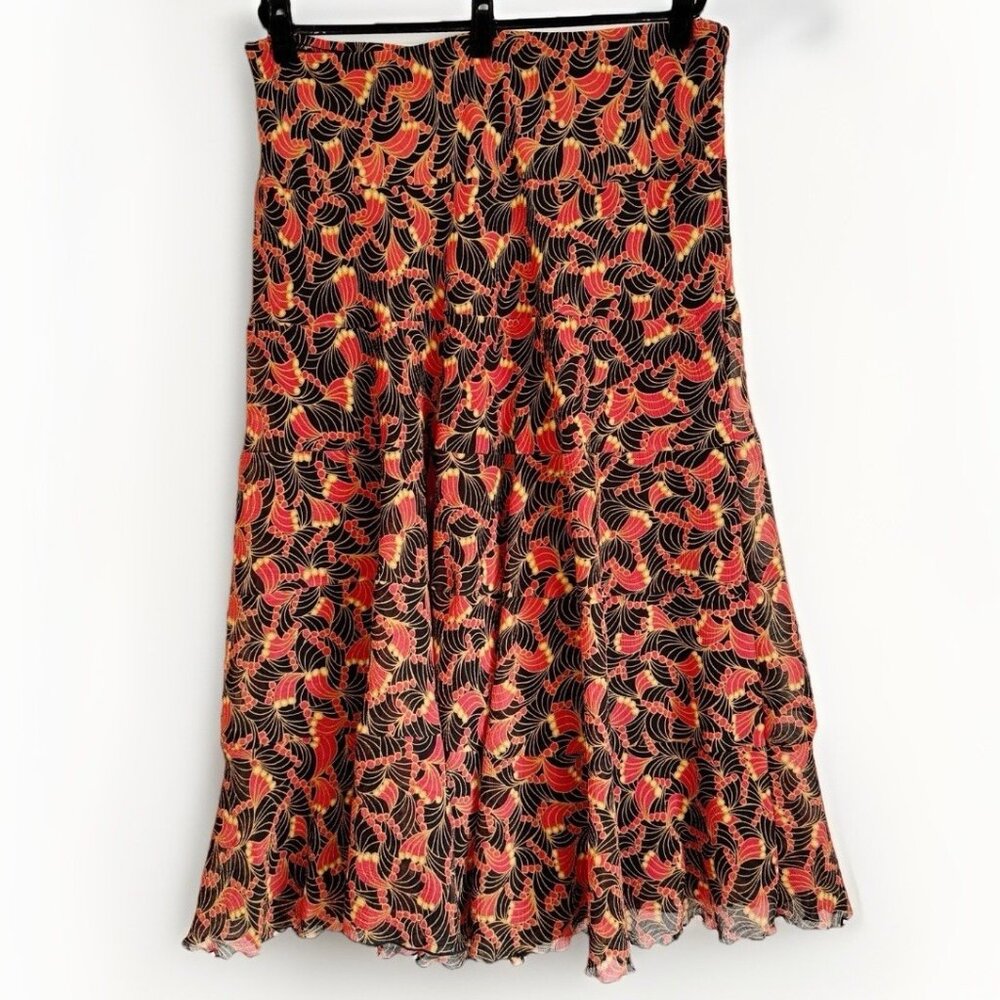 Ruby Rd Black Red Gold A-Line Sheer Midi Skirt Size 18 Pull On Lined Fall Boho